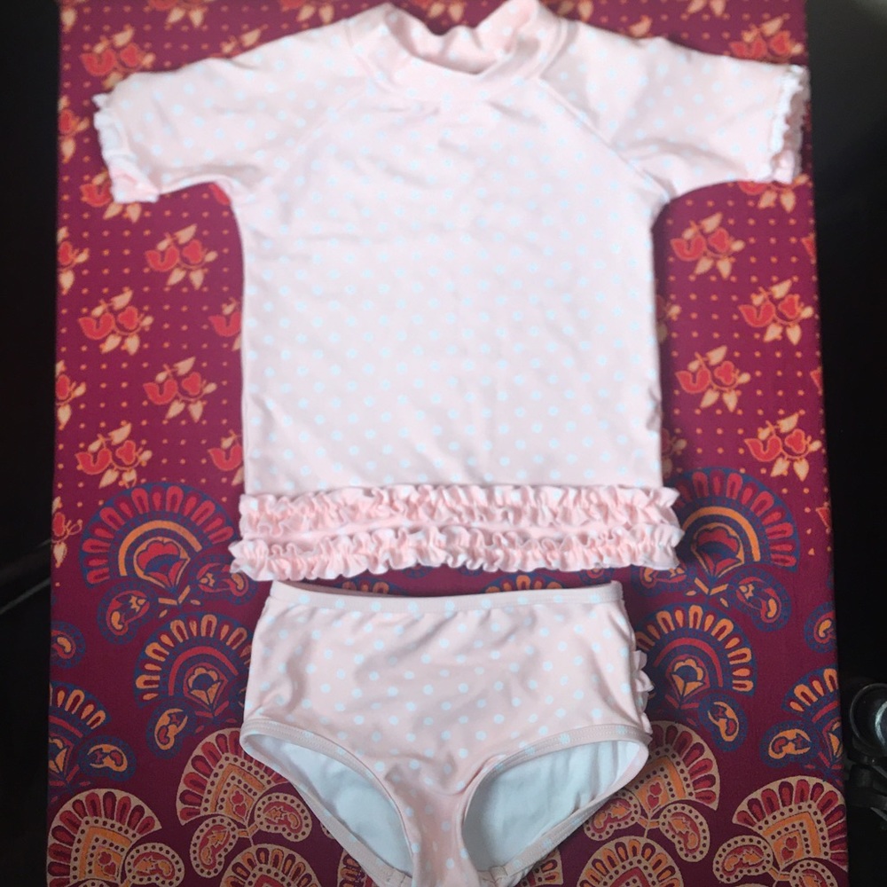Rufflebutts pink polka dot rashguard swimsuit